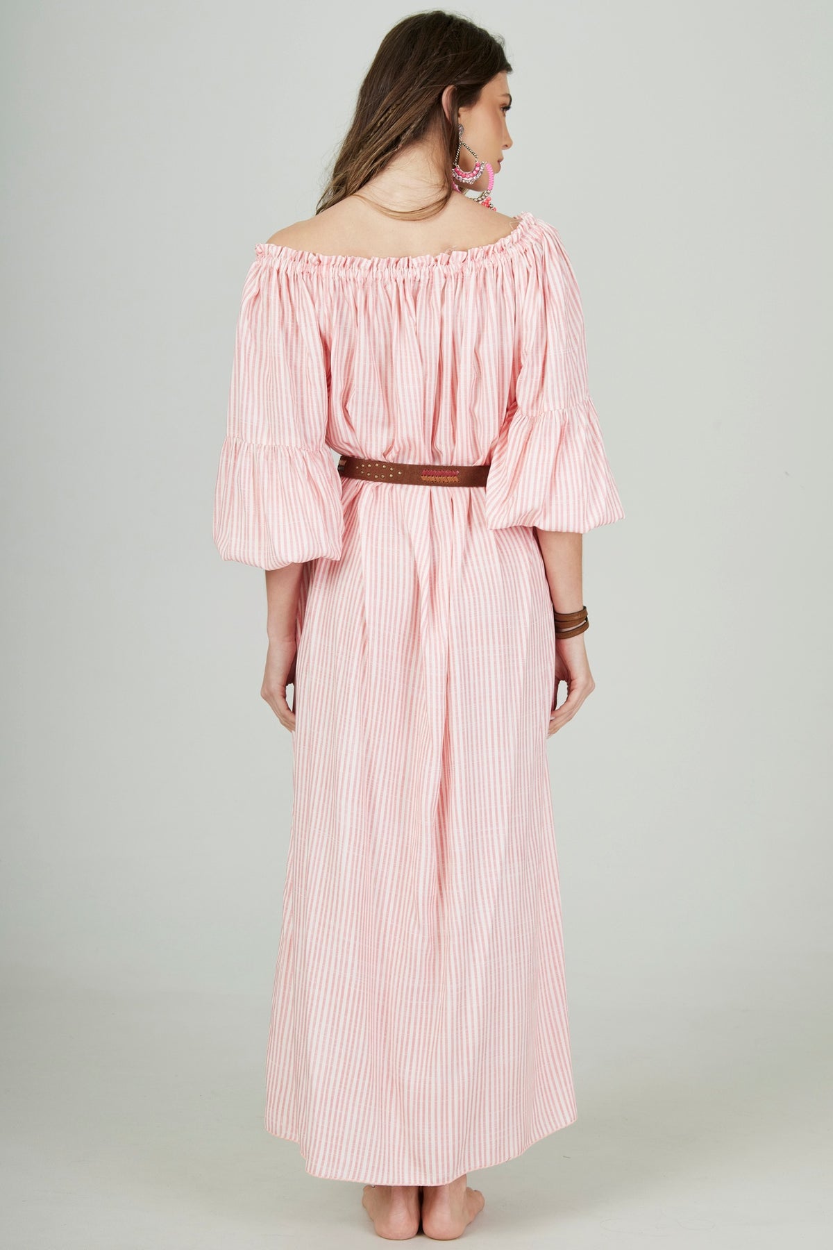 Vestido Midi Ciganinha Com Cordão Rosa Listrado Yacamim D22