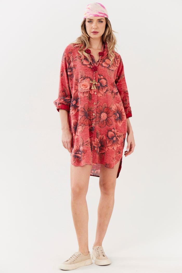 Chemise Ouro Preto 100% Algodão Rosa Estampado Yacamim R2