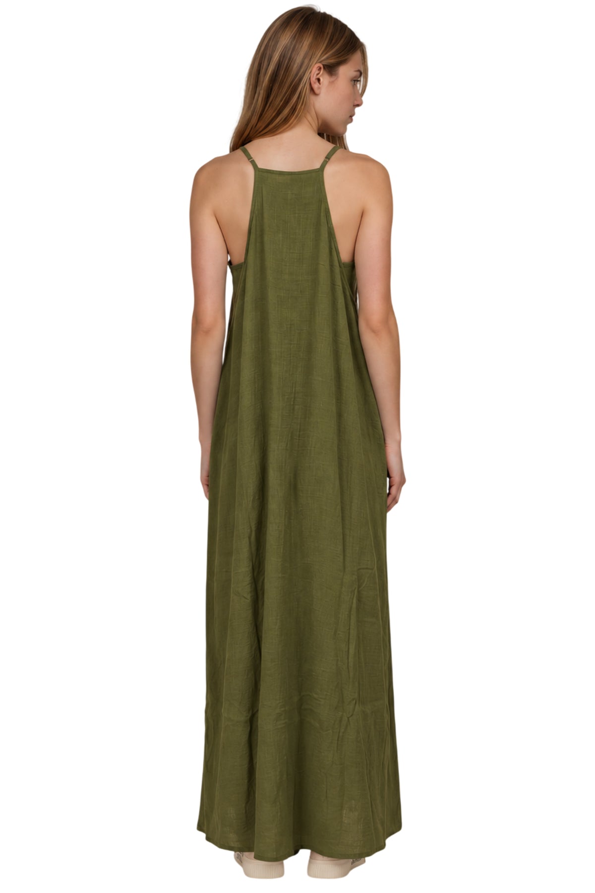 Vestido Longo Aragem Com Bolsos Laterais Verde Escuro Yacamim D22