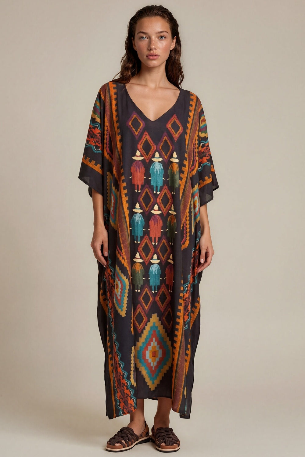 Kaftan Midi Marrom Escuro Estampado Coleção Peru Yacamim K9