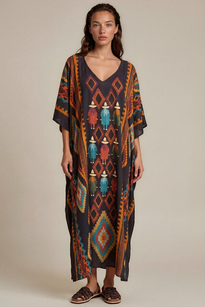 Kaftan Midi Marrom Escuro Estampado Coleção Peru Yacamim K9