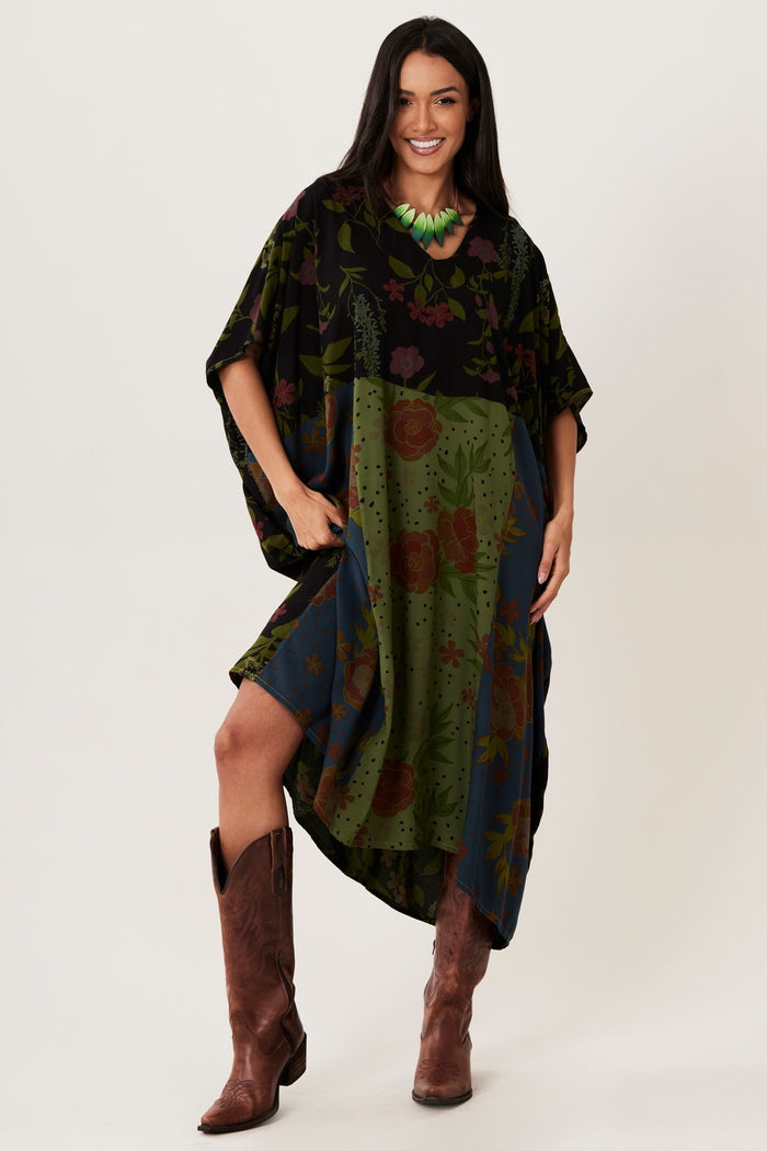 Kaftan Midi Preto E Verde Patchwork Yacamim I5