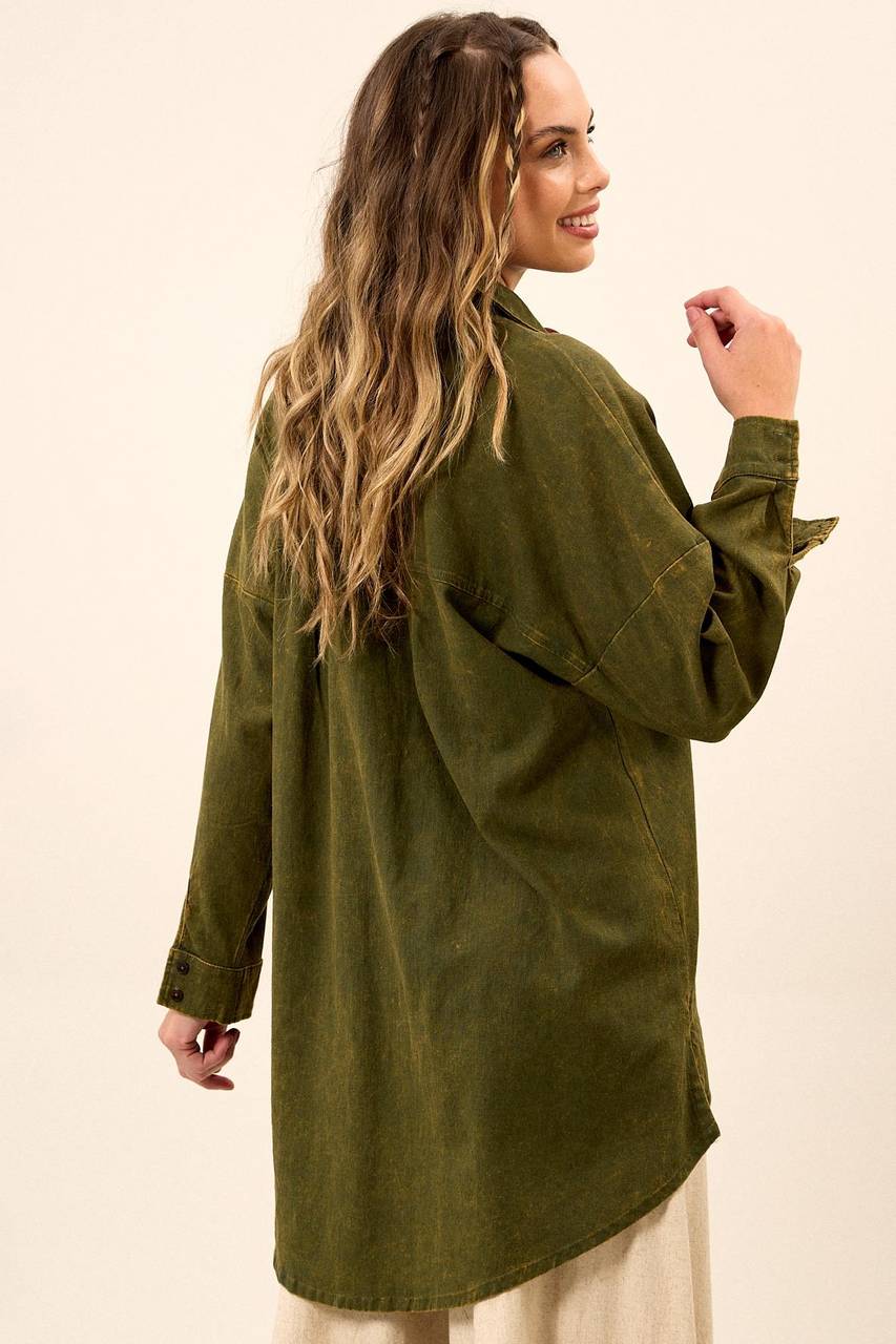 Camisa Ampla De Viscolinho Alongada Verde Estonado Yacamim A4