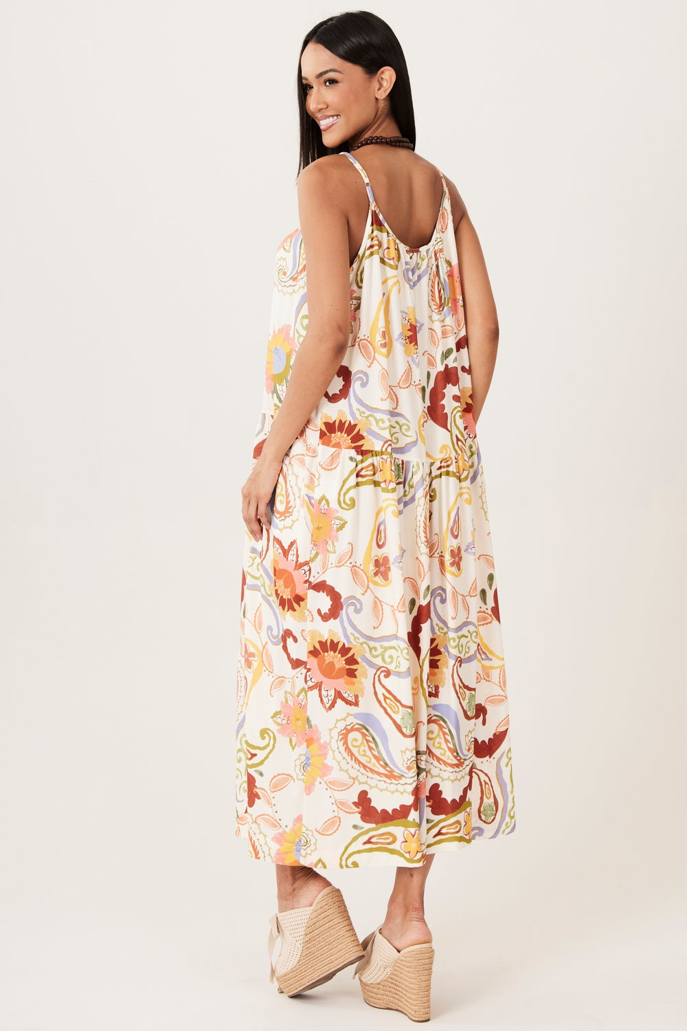Vestido Midi De Alças Bege Estampa Paisley Yacamim D16