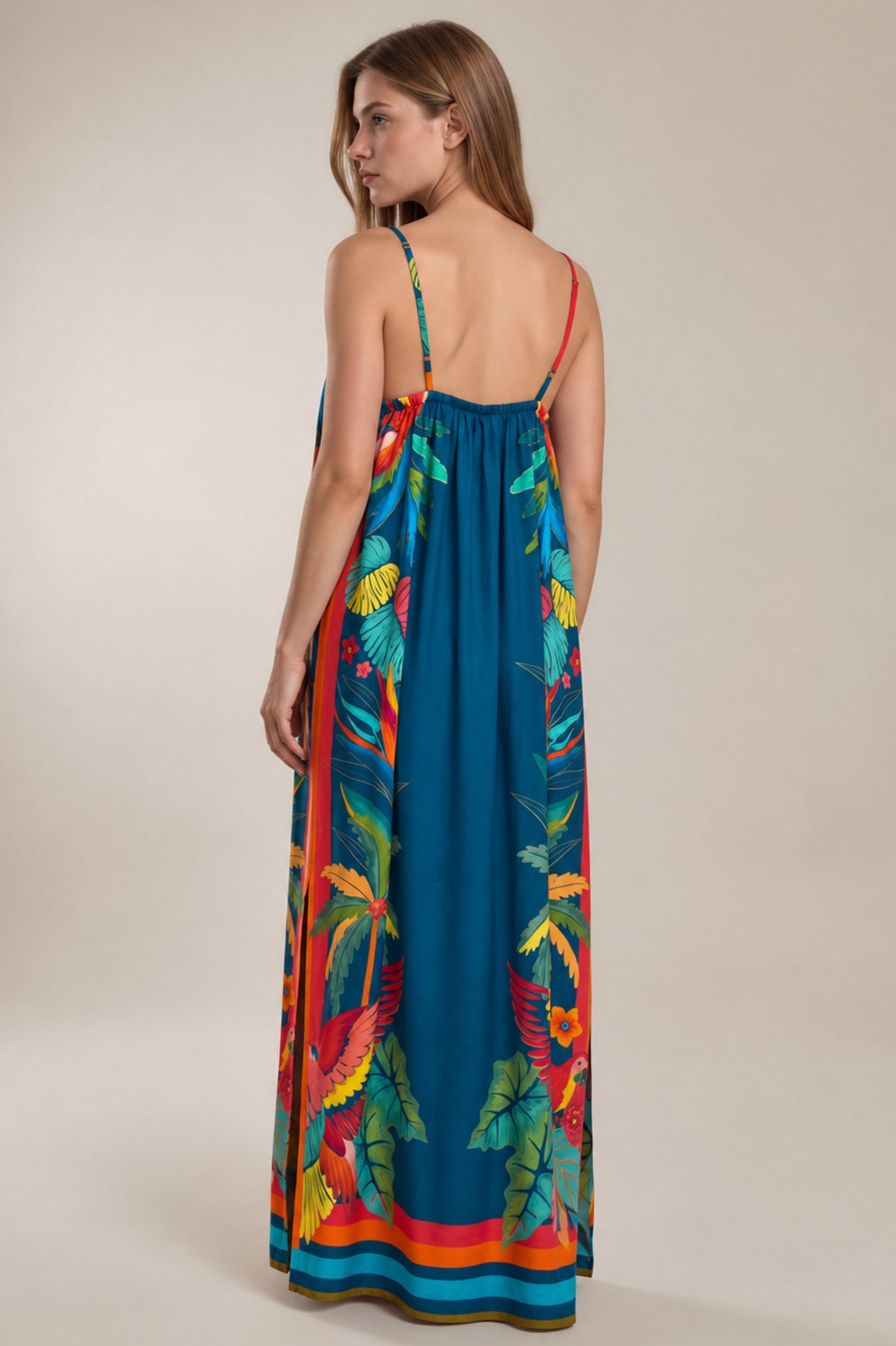 Vestido Longo Com Alças Reguláveis Azul Petróleo Estampado Yacamim C1