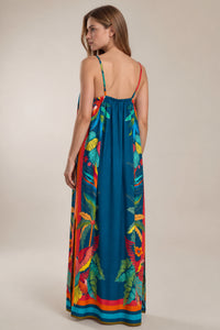 Vestido Longo Com Alças Reguláveis Azul Petróleo Estampado Yacamim C1