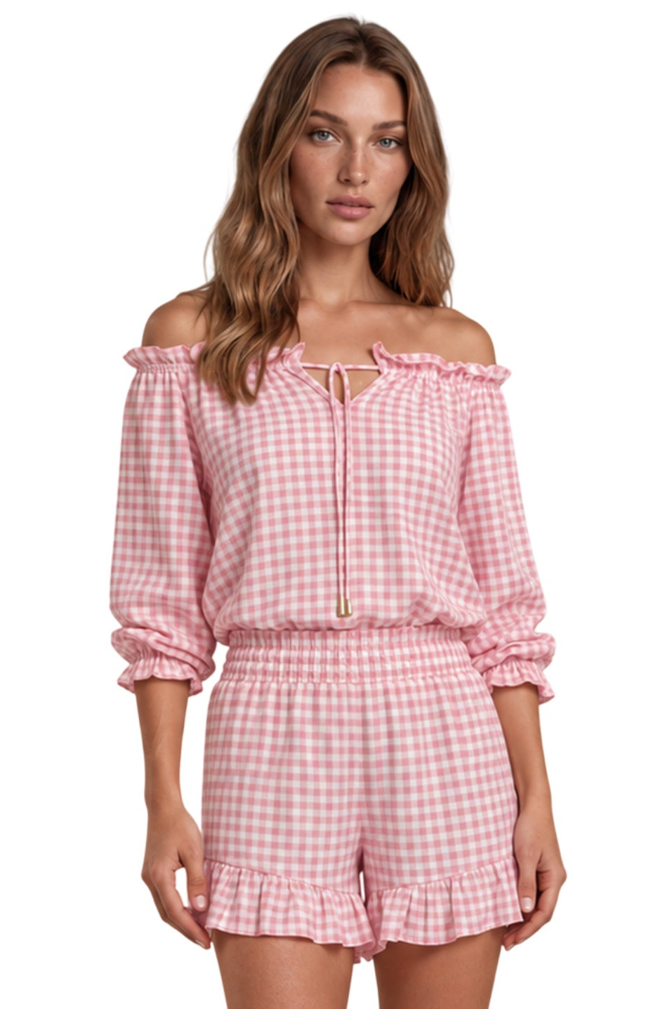 Bata Ciganinha Com Mangas Longas Rosa Claro Xadrez Yacamim A22