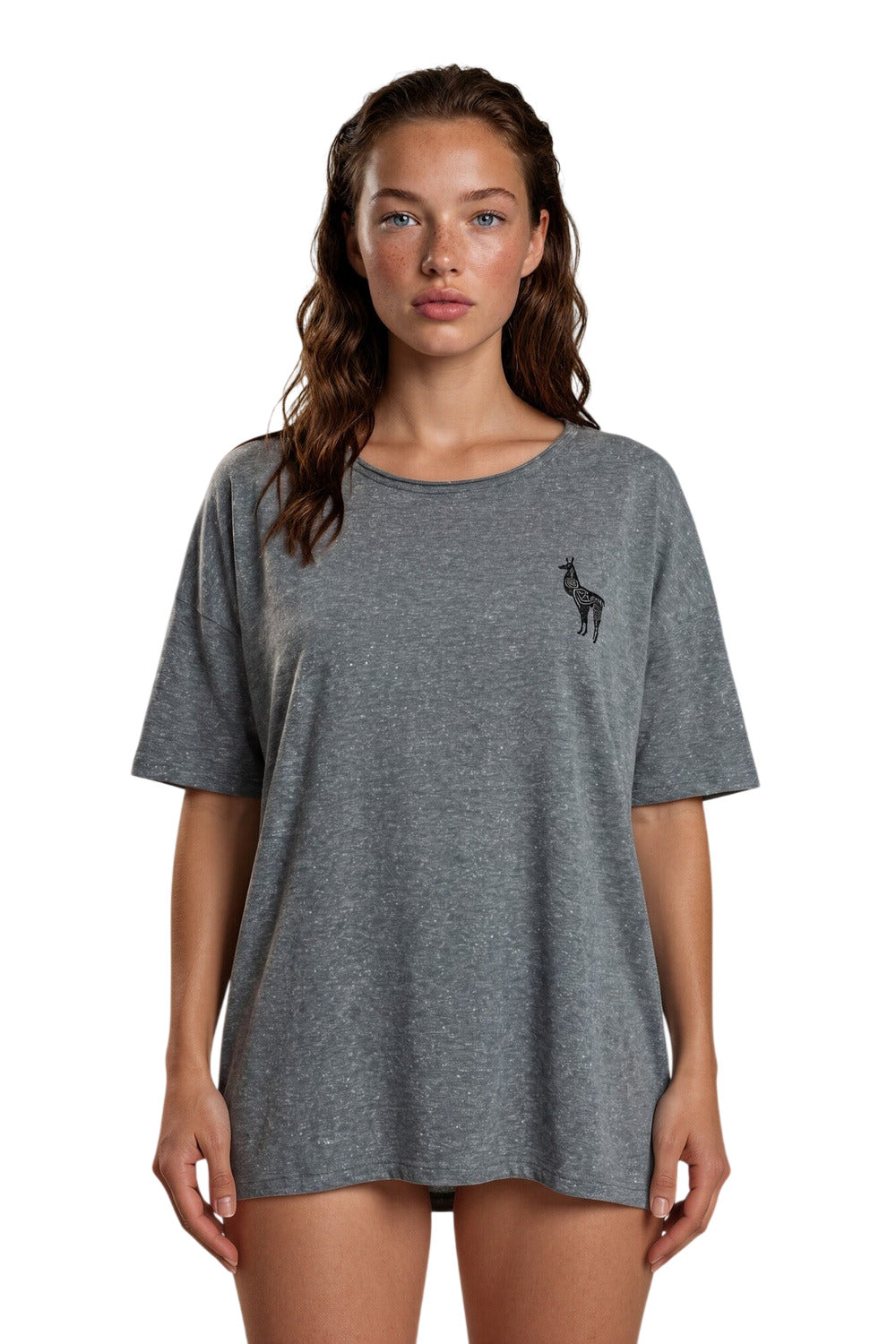 Blusa Básica Cinza Estampada Nas Costas Coleção Peru Yacamim K16