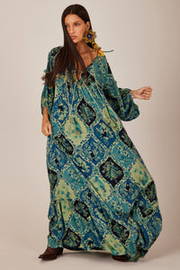 Vestido Longo Com Mangas Bufantes Verde Estampado Yacamim C11