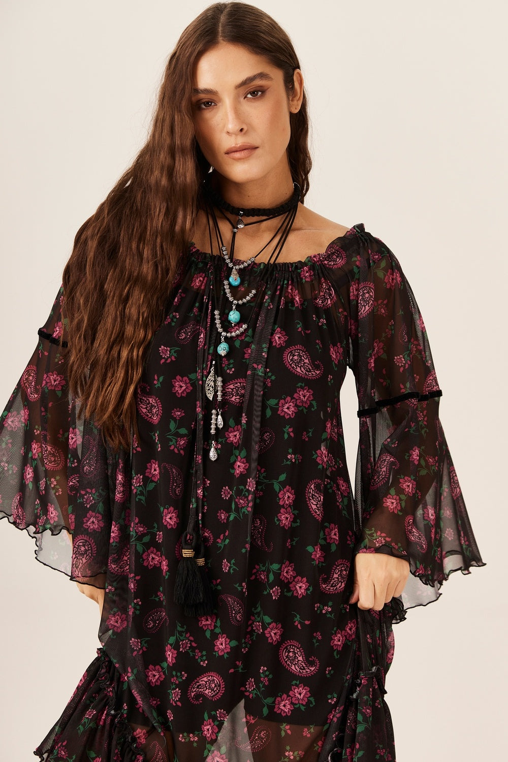 Vestido Longo Ciganinha Tule Paisley Yacamim E5