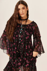 Vestido Longo Ciganinha Tule Paisley Yacamim E5