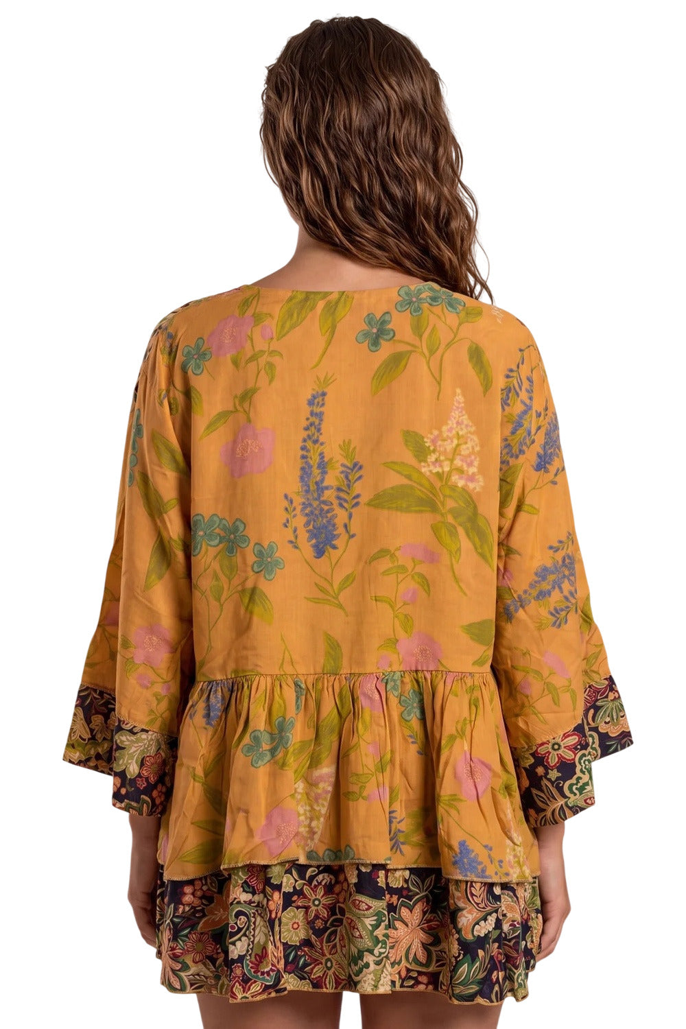 Bata Ampla Com Decote Em Babado Sobreposto Laranja Patchwork Yacamim B25