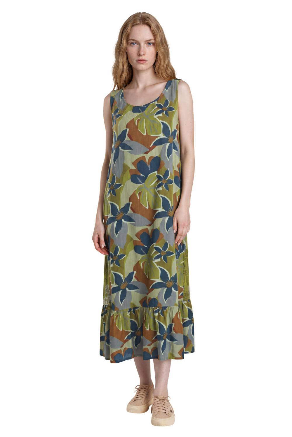 Vestido Regata Midi Com Babado Na Barra Verde Estampado Yacamim E3