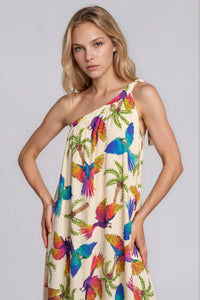 Vestido Longo De Um Ombro Só Bege Estampado Yacamim C4