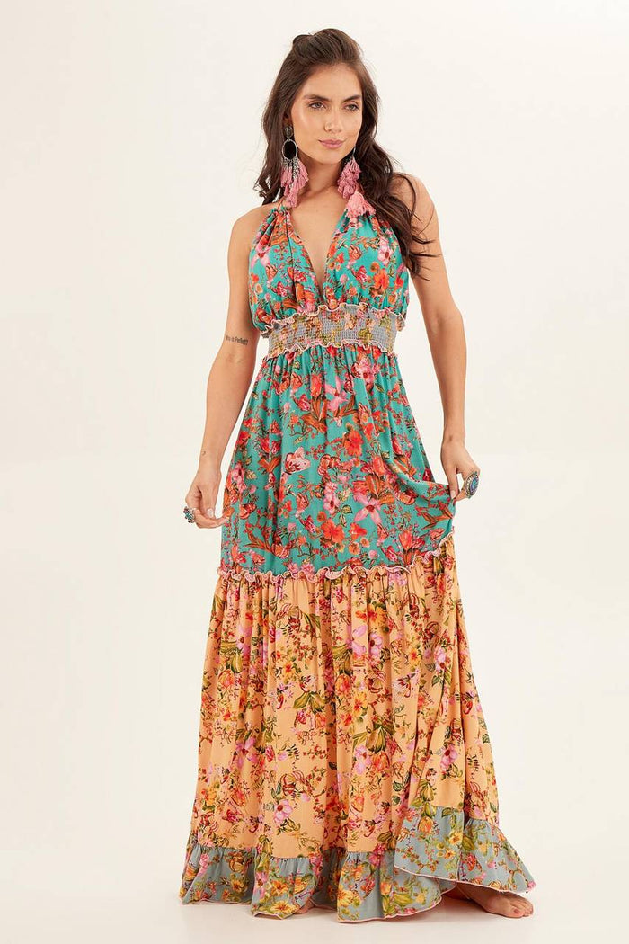 Vestido Longo De Frente Única Laranja Patchwork Yacamim