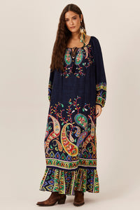Vestido Longo Ombro A Ombro Azul Marinho Estampa Paisley Yacamim E18