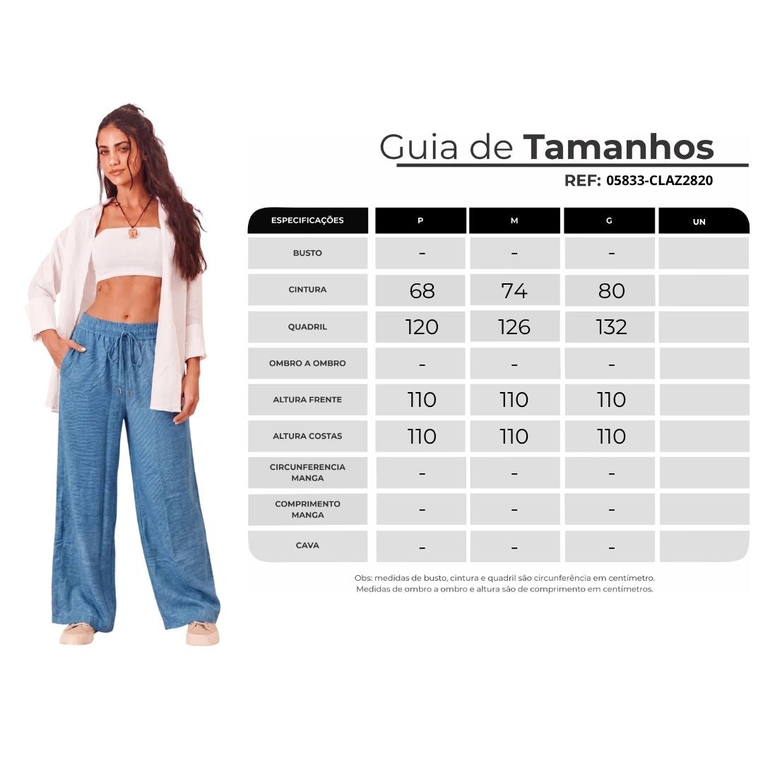 Calça Pantalona Com Bolsos Azul Estampada Yacamim T10