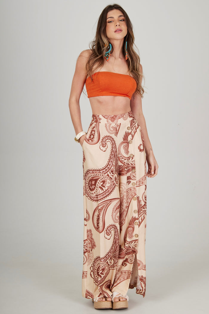 Calça Pantalona Bege Estampa Paisley Yacamim A36