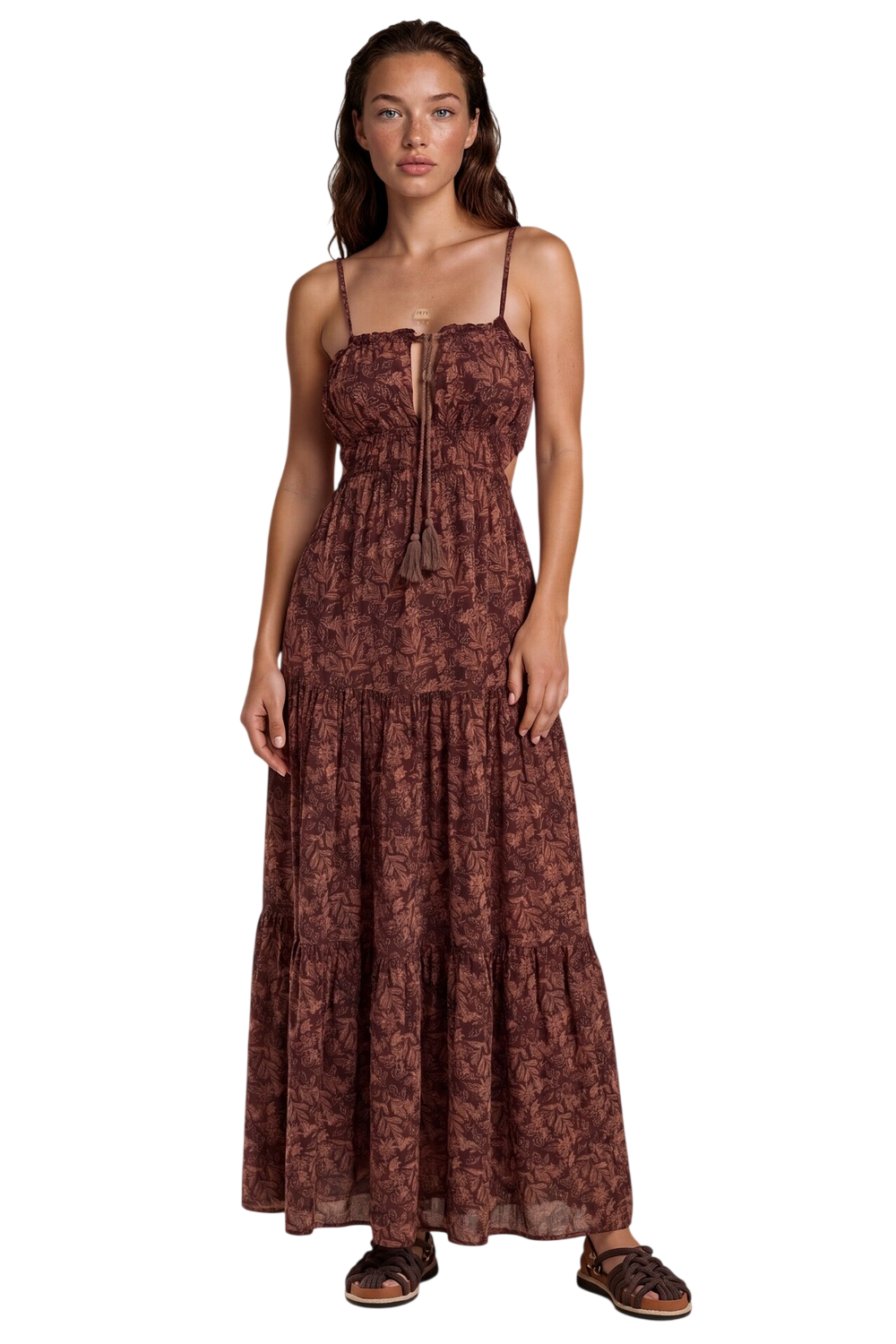 Vestido Longo Costas Abertas Marrom Escuro Estampado Yacamim D2