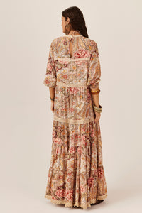 Vestido Longo Detalhes Em Renda Bege Estampa Paisley Yacamim C30