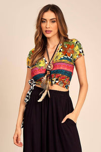 Cropped De Mangas Curtas Transpassado Amarelo Estampada Yacamim F12<br /><br />