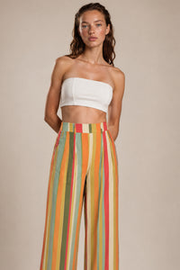 Calça Pantalona Com Bolsos Verde E Laranja Listrada Yacamim I10