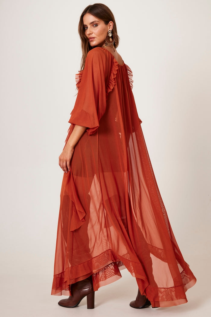 Vestido Longo De Tule Com Babados Terracota Yacamim D4