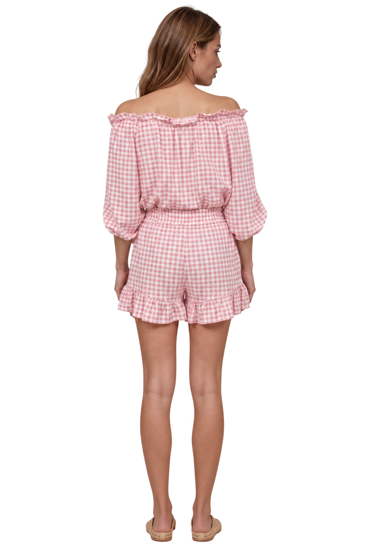 Shorts Com Babados Rosa Claro Xadrez Yacamim A21