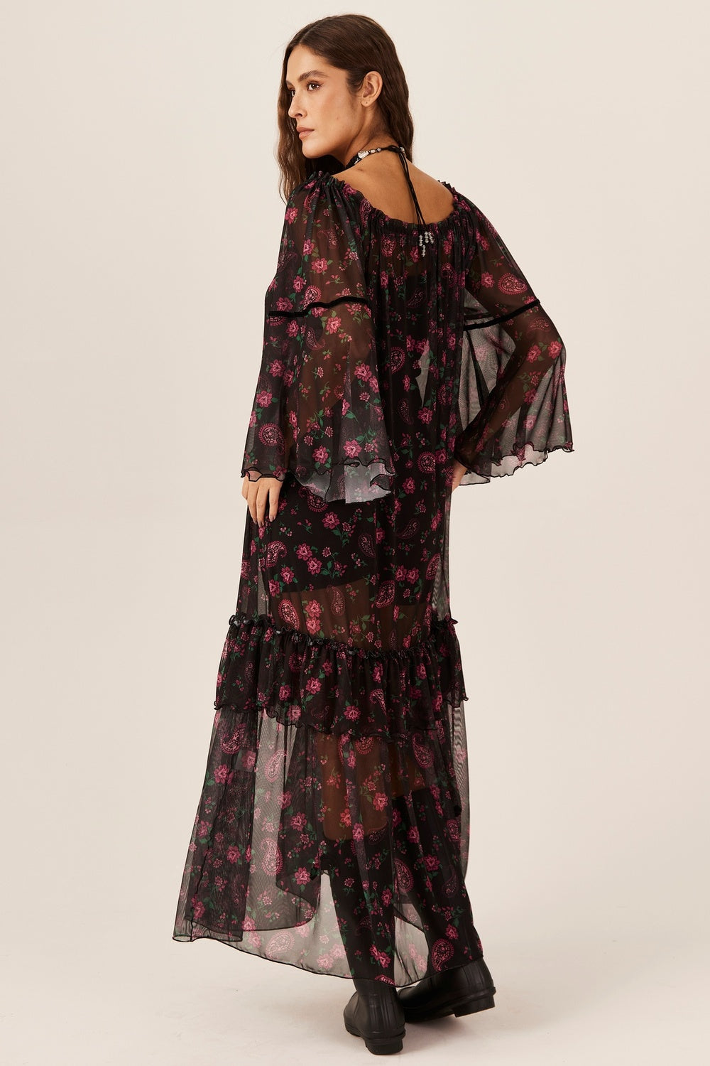 Vestido Longo Ciganinha Tule Paisley Yacamim E5