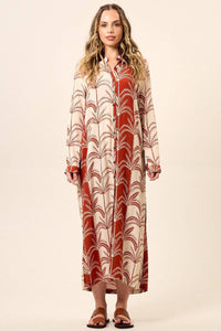 Chemise Longo Com Mangas Longas Bege E Vermelho Estampado Yacamim N5