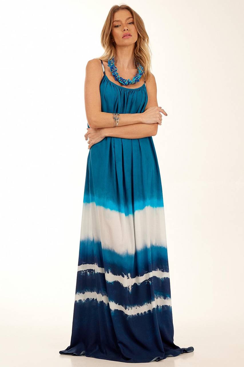 Vestido Longo Amplo De Costas Abertas Azul Estampa Tie Dye Yacamim