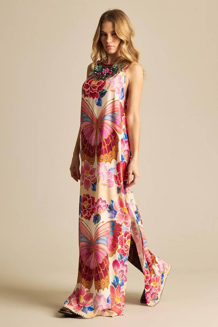 Vestido Longo De Alças Reguláveis Rosa Estampa Borboletas Yacamim E19