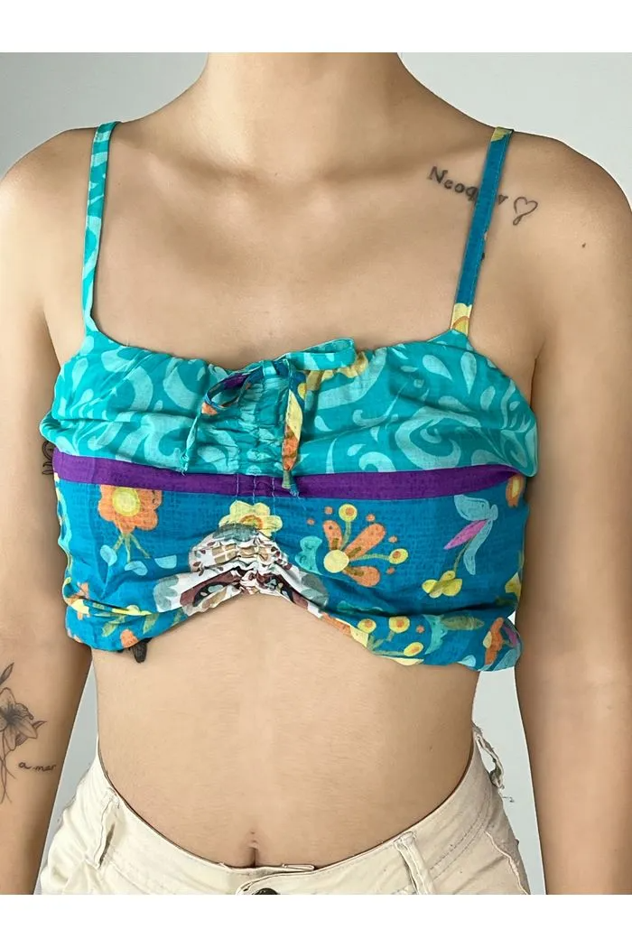 Top Cropped Com Alças Azul Estampado Yacamim B1