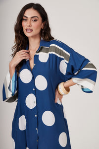 Chemise Midi Amplo Azul Escuro Estampa De Poá Yacamim N8