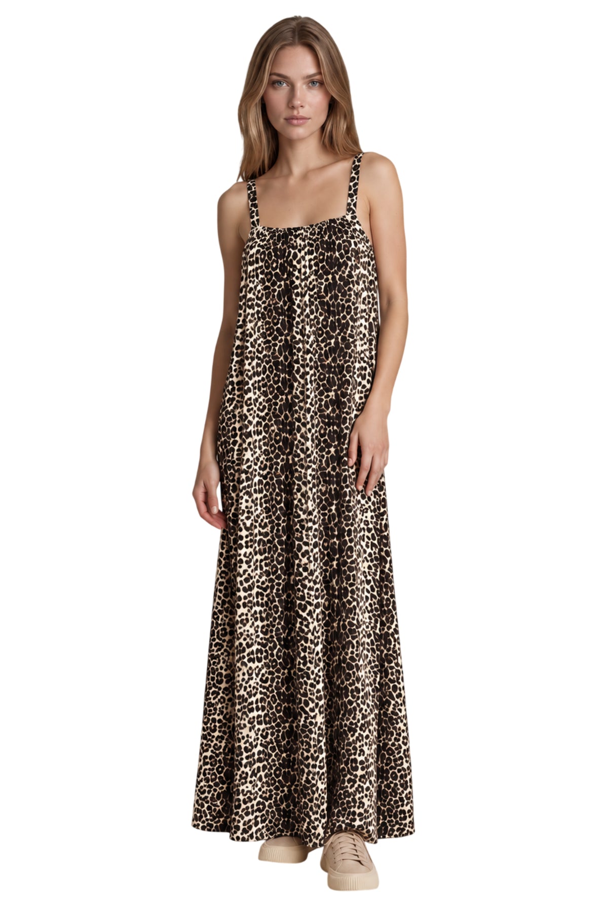 Vestido Longo Com Alças Largas E Forro Animal Print Yacamim D15