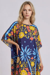 Kaftan Amplo Midi Decote Canoa Azul Marinho Estampado Yacamim J9