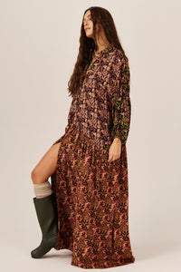 Vestido Longo Bordô E Verde Patchwork Yacamim D31