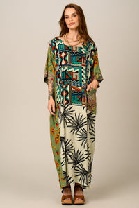 Kaftan Longo Verde Estampado Patchwork Yacamim J2