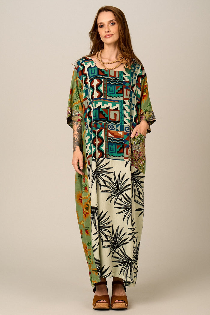 Kaftan Longo Verde Estampado Patchwork Yacamim J2