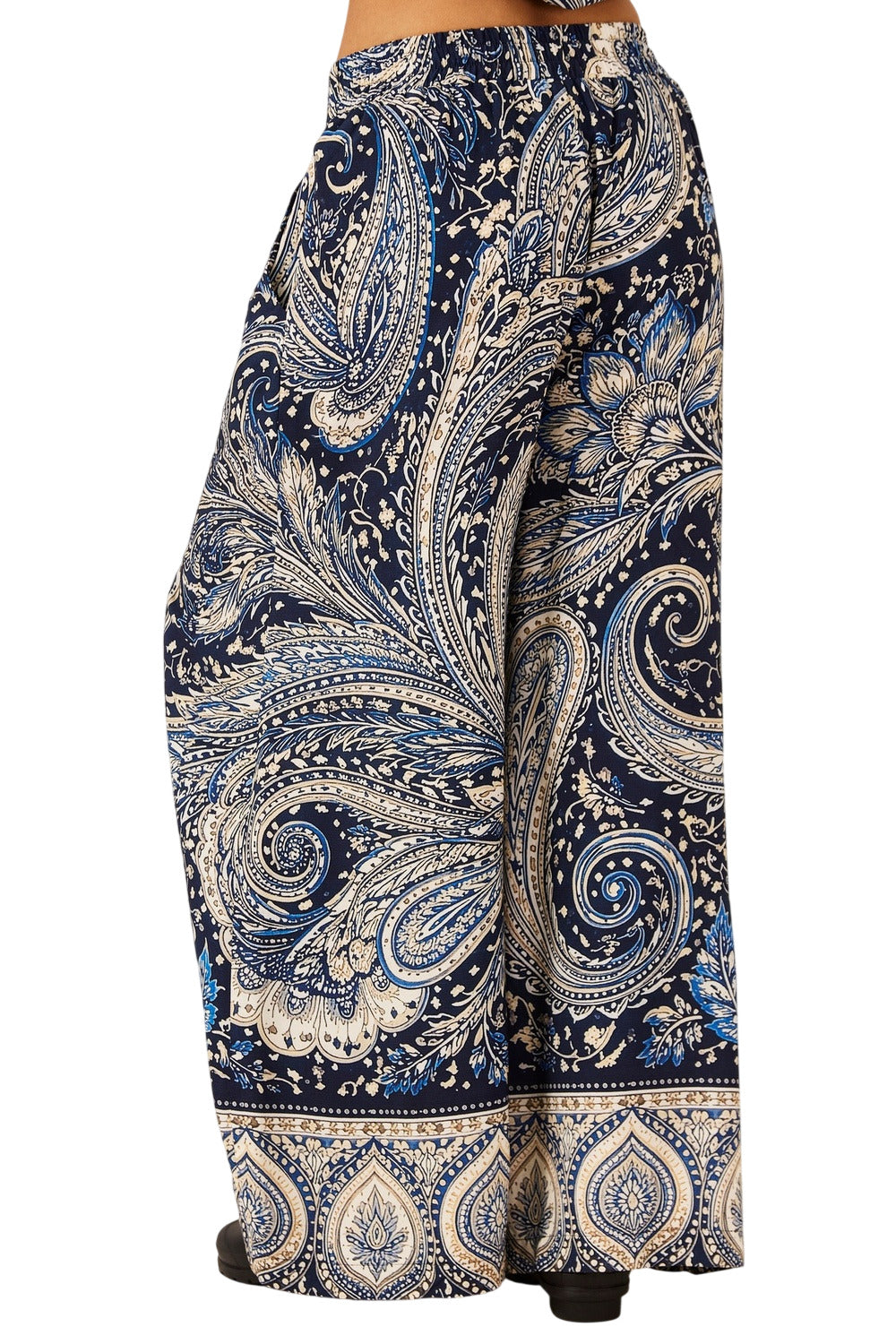 Calça Pantalona Bolsos Azul Estampa Paisley Yacamim A20