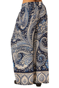 Calça Pantalona Bolsos Azul Estampa Paisley Yacamim A20
