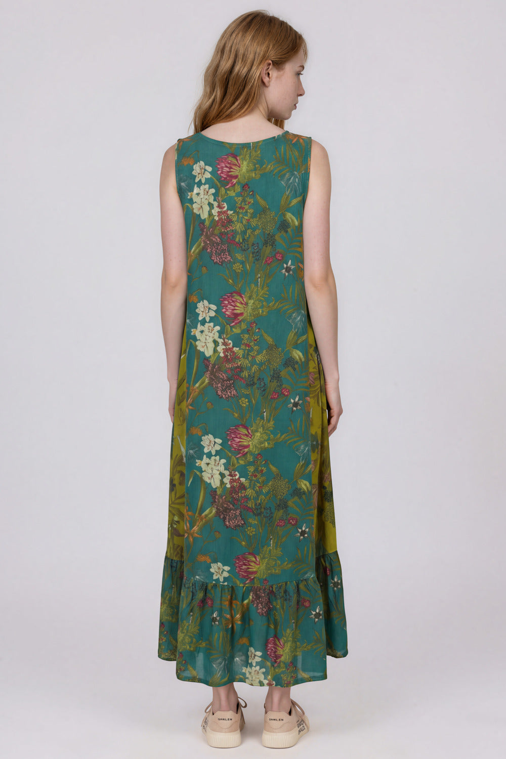 Vestido Regata Midi Com Bolsos Laterais Verde Estampado Yacamim E26