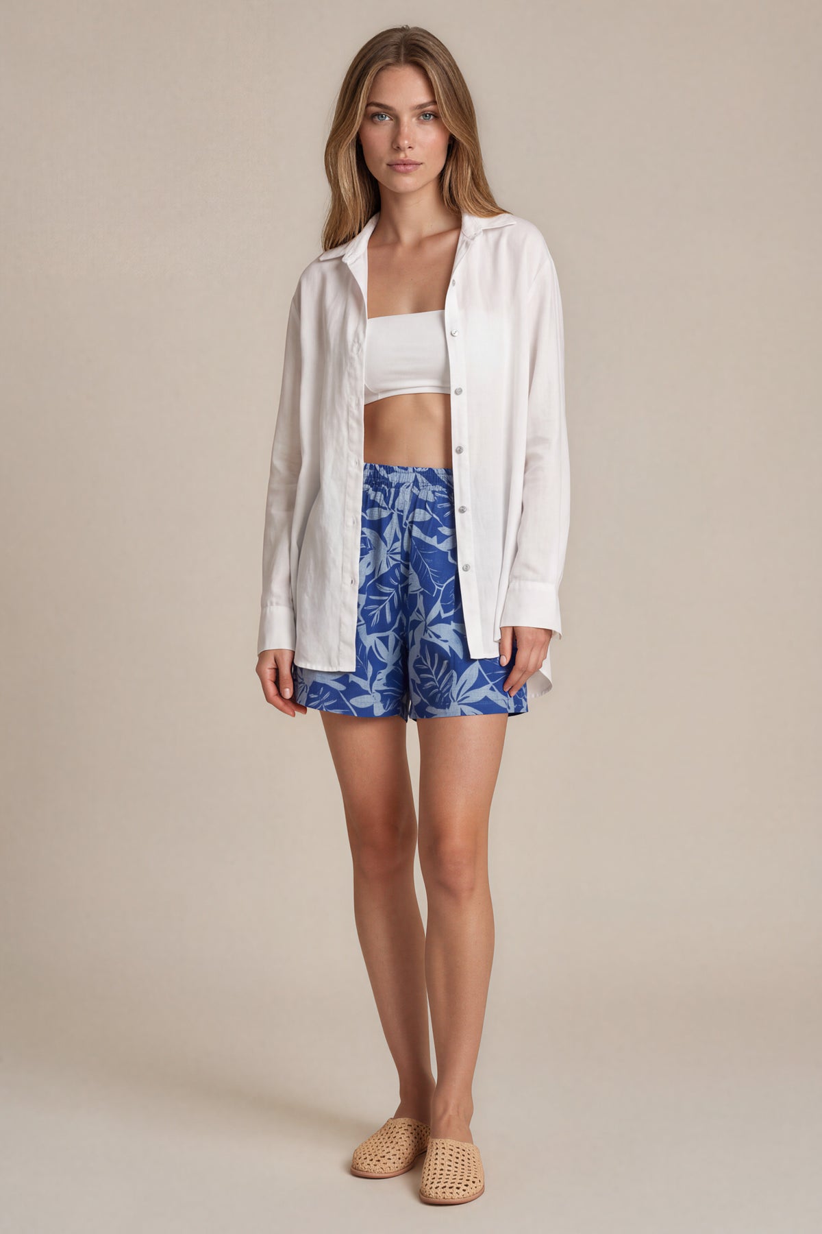 Shorts Com Elástico E Bolsos Azul Estampado Yacamim T6