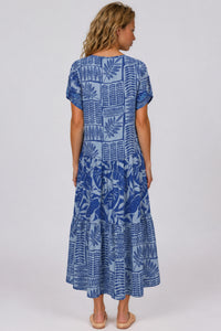 Vestido Midi Com Mangas Curtas Azul Patchwork Yacamim E24
