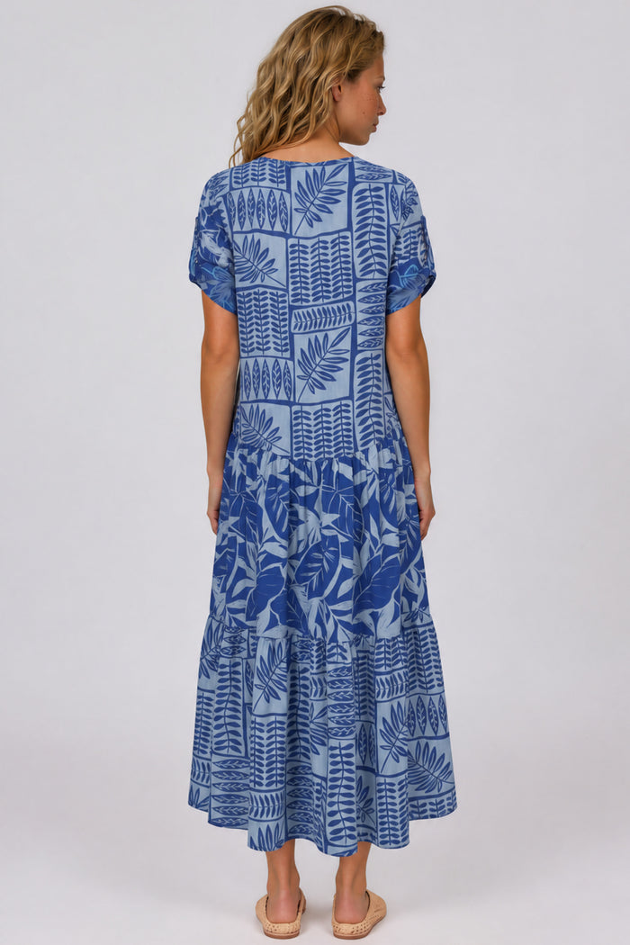 Vestido Midi Com Mangas Curtas Azul Patchwork Yacamim E24