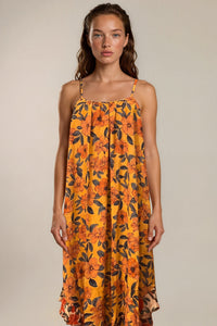 Vestido Midi De Alças Reguláveis Laranja Floral Patchwork Yacamim E7