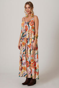 Vestido Midi De Linho Amplo Bege Estampa Cashmere Yacamim E8