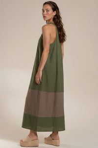 Vestido Midi Nadador Viscolinho Verde Bege Yacamim E8