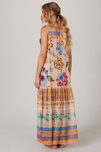 Vestido Midi De Tule Com Alças De Amarrar Laranja Estampado Yacamim K1