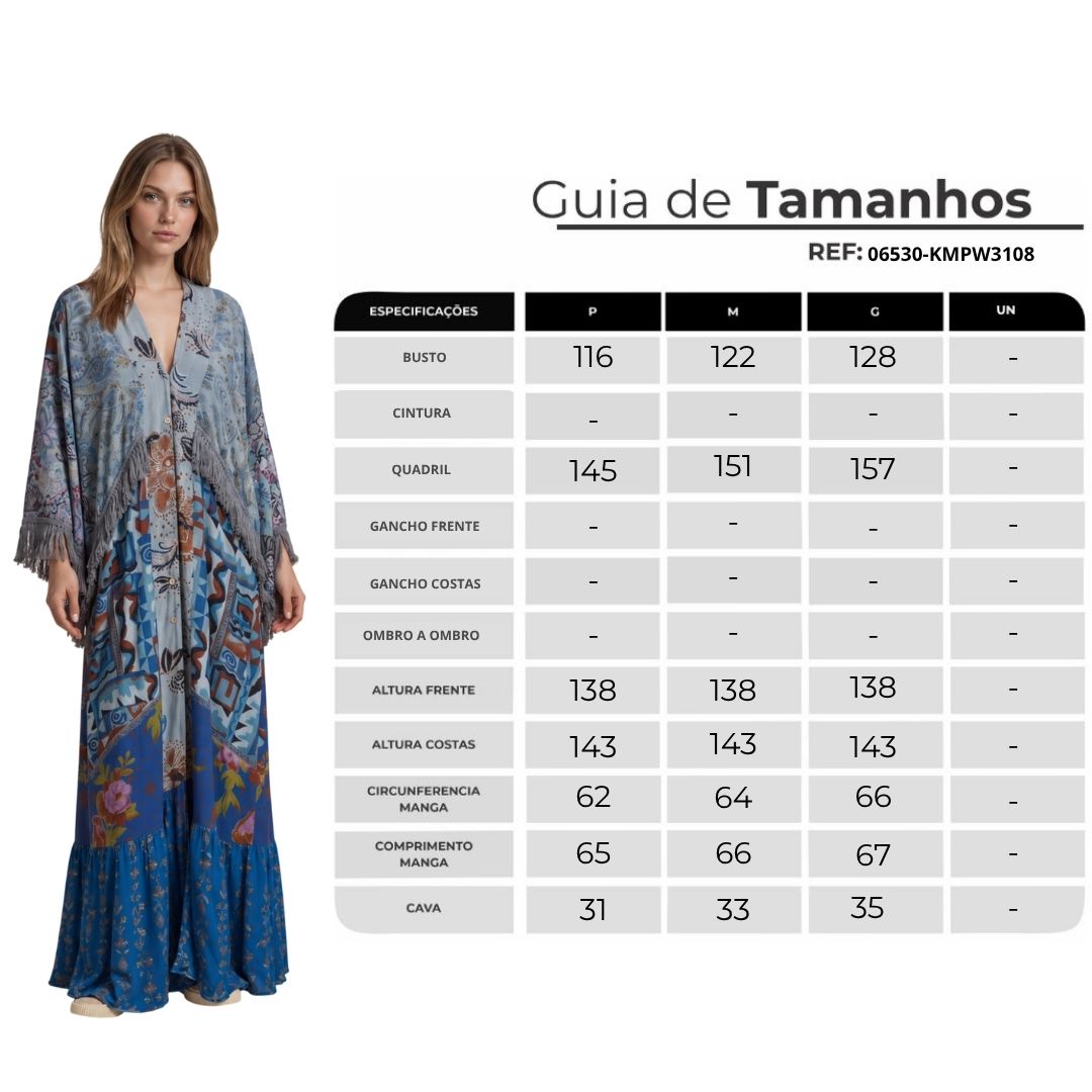 Kimono Longo Amplo Com Franjas Azul Patchwork Yacamim J9